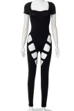 Black Sexy Solid Hollowed Out Patchwork Square Collar Skinny Jumpsuits