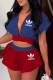 Red Blue Fashion Casual Print Patchwork Letter Hooded Collar Short Sleeve Two Pieces