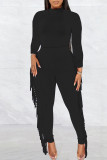 Orange Fashion Casual Solid Tassel Patchwork O Neck Long Sleeve Two Pieces