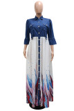 White Fashion Casual Print Patchwork Turndown Collar Long Sleeve Dresses