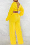 Yellow Fashion Casual Solid Patchwork V Neck Long Sleeve Two Pieces
