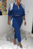 Blue Casual Solid Tassel Patchwork V Neck Long Sleeve Two Pieces