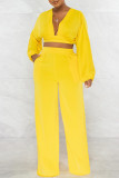 Yellow Fashion Casual Solid Patchwork V Neck Long Sleeve Two Pieces