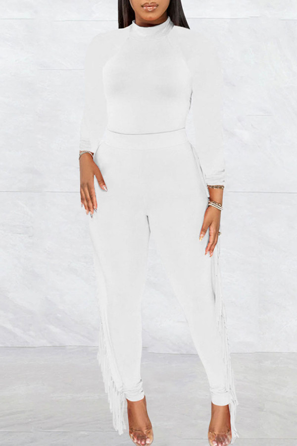 White Fashion Casual Solid Tassel Patchwork O Neck Long Sleeve Two Pieces