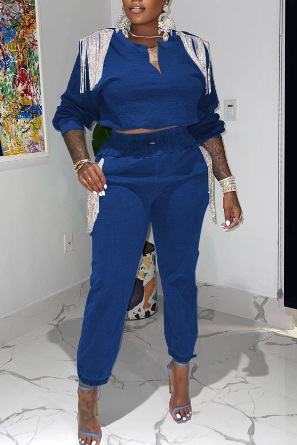 Blue Casual Solid Tassel Patchwork V Neck Long Sleeve Two Pieces