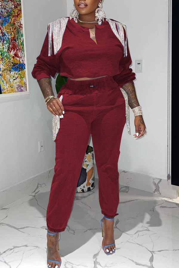 Burgundy Casual Solid Tassel Patchwork V Neck Long Sleeve Two Pieces