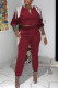 Burgundy Casual Solid Tassel Patchwork V Neck Long Sleeve Two Pieces