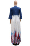 White Fashion Casual Print Patchwork Turndown Collar Long Sleeve Dresses