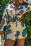 Green Fashion Casual Print Bandage V Neck Long Sleeve Two Pieces