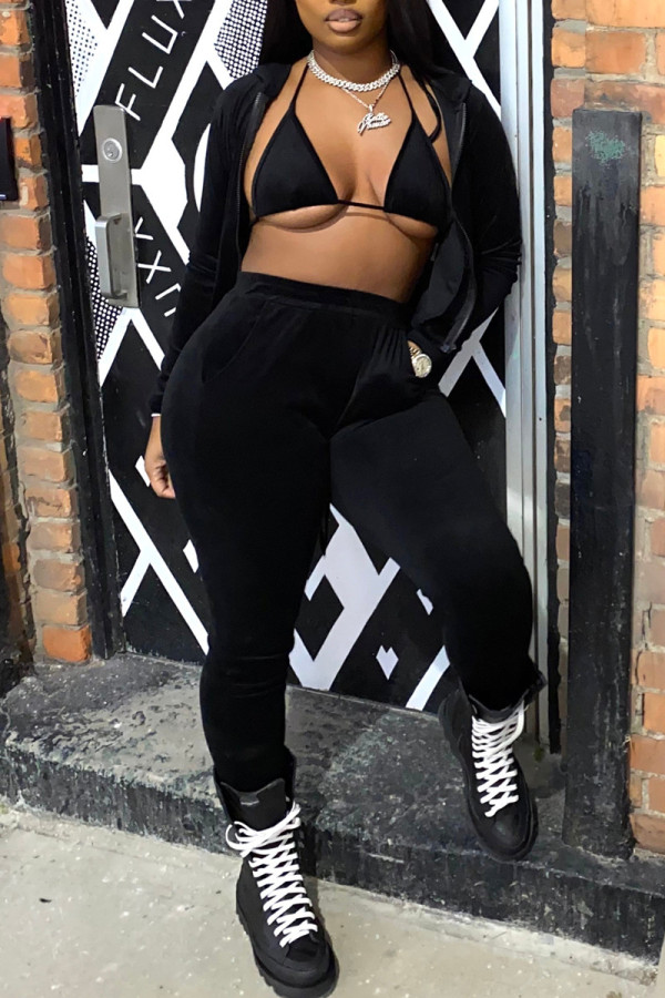 Black Fashion Casual Solid Patchwork Hooded Collar Long Sleeve Three-piece Set