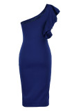 Blue Fashion Sexy Solid Patchwork Backless One Shoulder Evening Dress