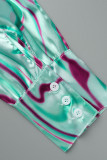 Purple Casual Print Patchwork Buckle Turndown Collar Long Sleeve Two Pieces