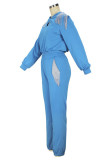 Sky Blue Casual Solid Tassel Patchwork V Neck Long Sleeve Two Pieces