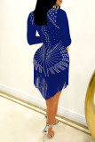 Blue Fashion Sexy Patchwork Hot Drilling Tassel O Neck Long Sleeve Dresses
