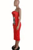 Red Sexy Print Patchwork Strapless One Step Skirt Dresses