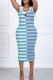 Light Blue Fashion Elegant Striped Patchwork Letter U Neck One Step Skirt Dresses