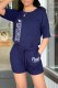 Navy Blue Fashion Casual Print Letter O Neck Short Sleeve Two Pieces