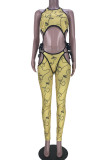 Pink Sexy Print Bandage Hollowed Out Patchwork O Neck Skinny Jumpsuits