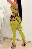 Pink Sexy Print Bandage Hollowed Out Patchwork O Neck Skinny Jumpsuits