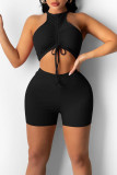 Red Sexy Sportswear Solid Patchwork Draw String Fold O Neck Sleeveless Two Pieces