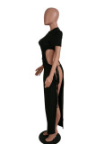 Black Sexy Solid Bandage Hollowed Out Patchwork Slit O Neck Straight Dresses