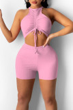 Red Sexy Sportswear Solid Patchwork Draw String Fold O Neck Sleeveless Two Pieces