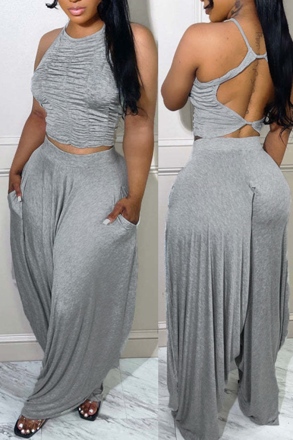 Grey Casual Solid Patchwork Fold O Neck Sleeveless Two Pieces