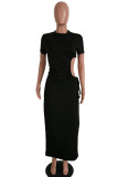 Black Sexy Solid Bandage Hollowed Out Patchwork Slit O Neck Straight Dresses