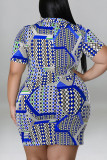 Blue Casual Print Patchwork Buckle Turndown Collar Shirt Dress Plus Size Dresses