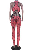 Pink Sexy Print Bandage Hollowed Out Patchwork O Neck Skinny Jumpsuits