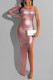 Pink Fashion Sexy Solid Backless Slit Oblique Collar Long Sleeve Dresses