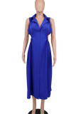 Blue Sexy Solid Hollowed Out Patchwork V Neck A Line Dresses
