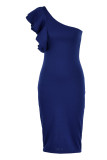 Blue Fashion Sexy Solid Patchwork Backless One Shoulder Evening Dress