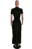 Black Sexy Solid Bandage Hollowed Out Patchwork Slit O Neck Straight Dresses