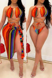 Colour Fashion Sexy Striped Print Hollowed Out Backless Swimwears Three-piece Set (Without Paddings)