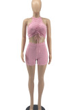 Red Sexy Sportswear Solid Patchwork Draw String Fold O Neck Sleeveless Two Pieces