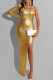 Gold Fashion Sexy Solid Backless Slit Oblique Collar Long Sleeve Dresses