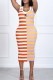 Orange Fashion Elegant Striped Patchwork Letter U Neck One Step Skirt Dresses