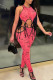 Pink Sexy Print Bandage Hollowed Out Patchwork O Neck Skinny Jumpsuits
