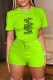 Fluorescent Green Fashion Casual Print Letter O Neck Short Sleeve Two Pieces