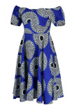 Blue Elegant Print Patchwork Off the Shoulder A Line Dresses