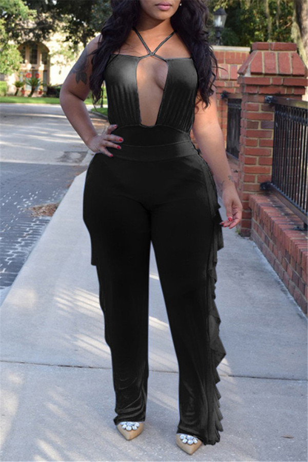 Black Fashion Sexy Solid Hollowed Out Backless Halter Sleeveless Two Pieces