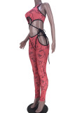 Pink Sexy Print Bandage Hollowed Out Patchwork O Neck Skinny Jumpsuits