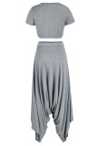 Grey Casual Solid Patchwork O Neck Short Sleeve Two Pieces