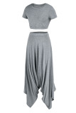 Grey Casual Solid Patchwork O Neck Short Sleeve Two Pieces