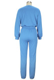 Sky Blue Casual Solid Tassel Patchwork V Neck Long Sleeve Two Pieces
