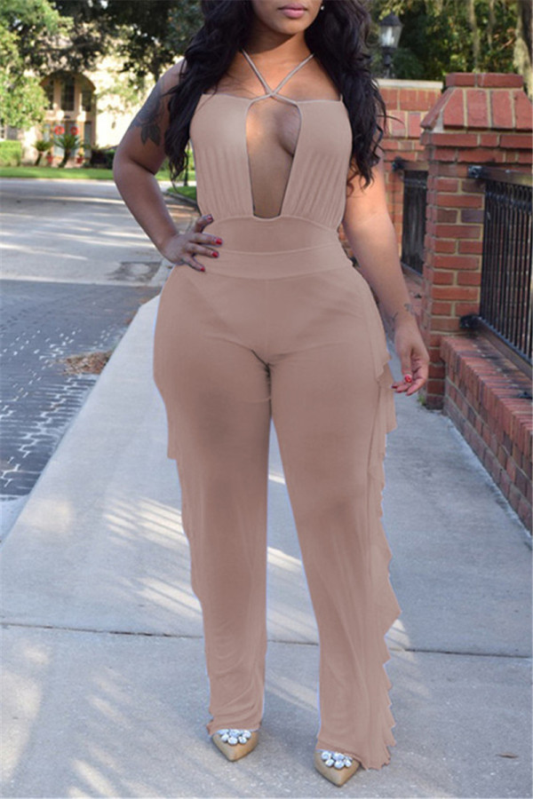 Brown Fashion Sexy Solid Hollowed Out Backless Halter Sleeveless Two Pieces