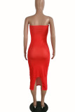 Red Sexy Print Patchwork Strapless One Step Skirt Dresses