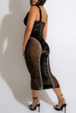 Black Fashion Sexy Patchwork Hot Drilling See-through Backless Square Collar Sling Dress
