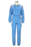 Sky Blue Casual Solid Tassel Patchwork V Neck Long Sleeve Two Pieces